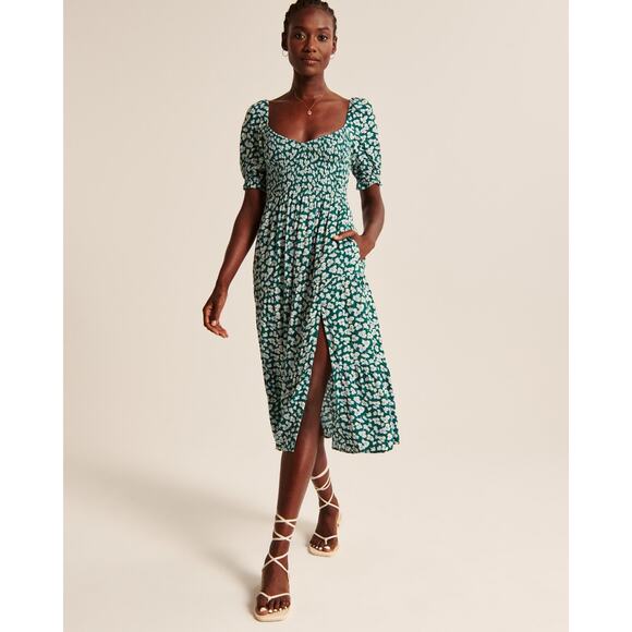 Abercrombie & Fitch Dresses & Skirts - Abercrombie & Fitch Short Sleeve Smocked Midi Dress - L Green Print